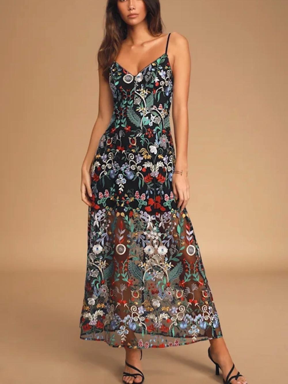 Lulus Avant Garden Black Floral Embroidered Maxi Dress - M